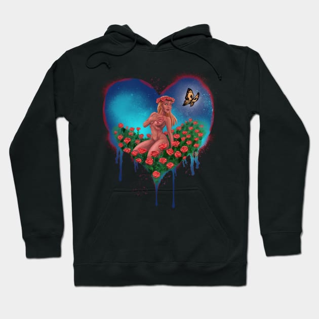 LOVE HEART with BUTTERFLY and ROSES - Graffiti Style (Blue) Hoodie by MasterpieceArt